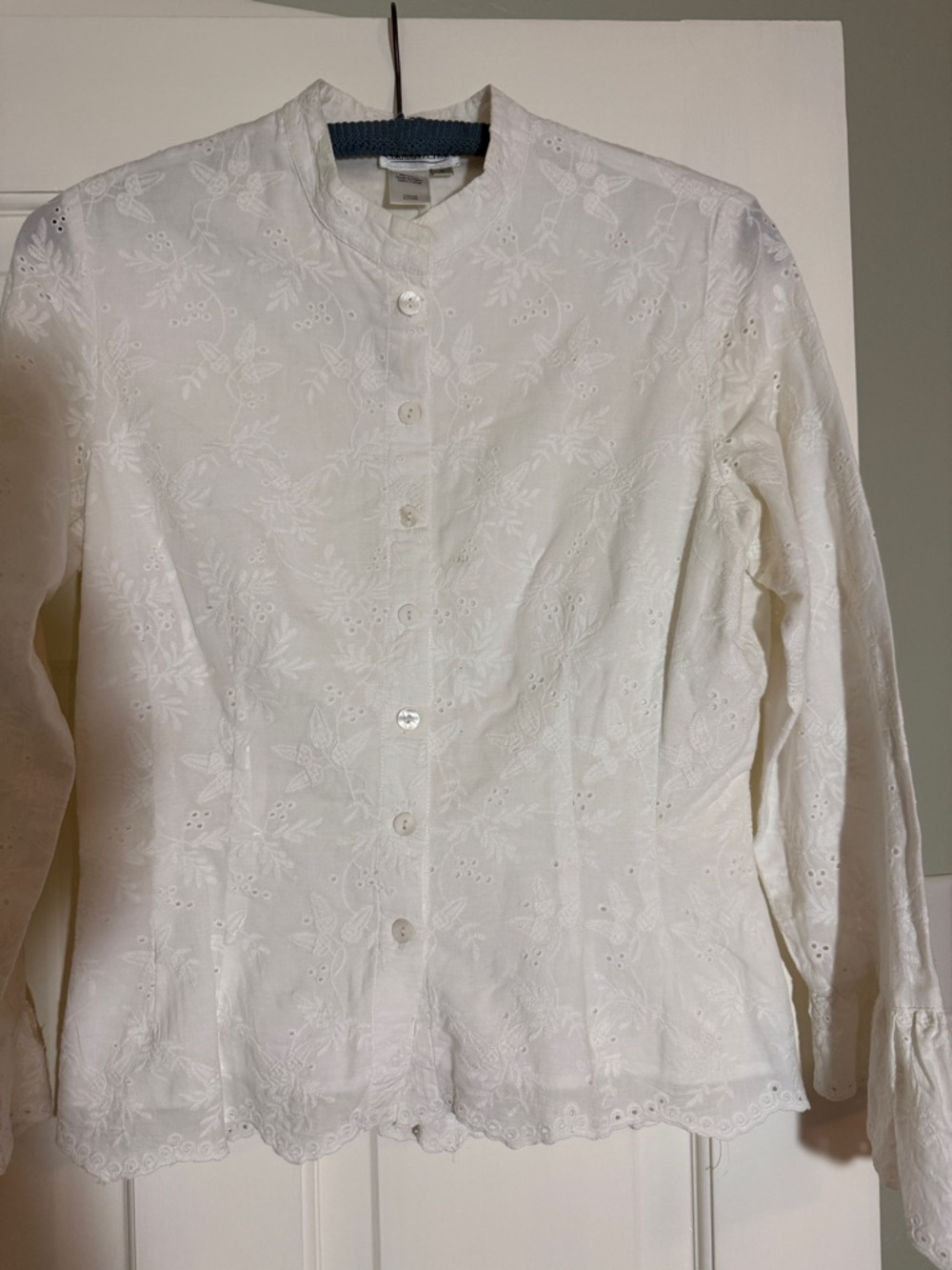 Coldwater Creek White Eyelet Button-Front Top with Mandarin Collar
